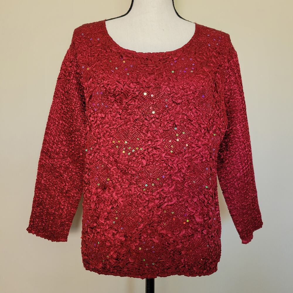 Rafael Size M Textured Crinkle Sequin Pullover 3/4 Sleeve Top Holiday Party